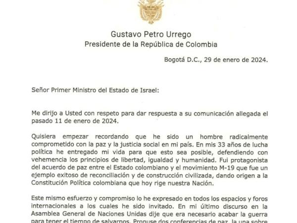 Carta del presidente colombiano al primer ministro israelí