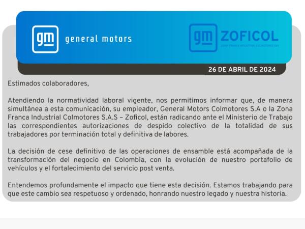 Copia del comunicado a los empleados.